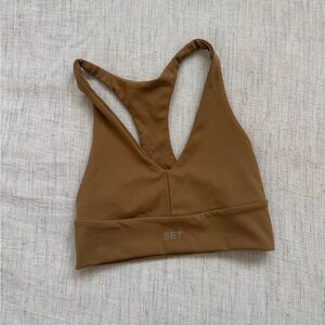 Set active tan double lined v neck sports bra